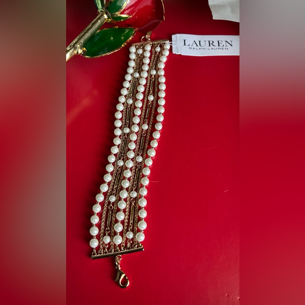 Lauren Ralph Lauren White Pearl and Gold Chain Bracelet
